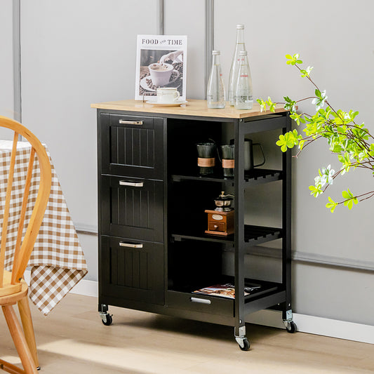 Kitchen Island with Rubber Wood Countertop & Lockable Casters