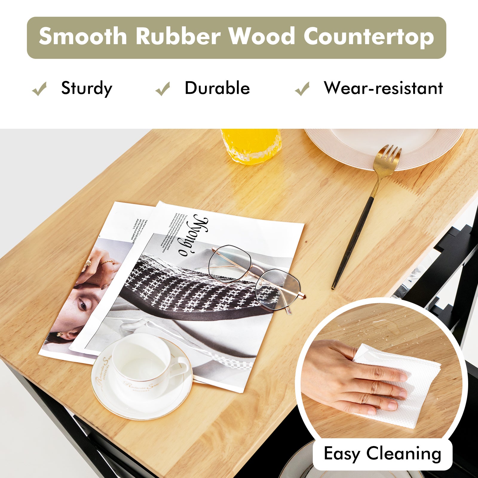 Kitchen Island with Rubber Wood Countertop & Lockable Casters