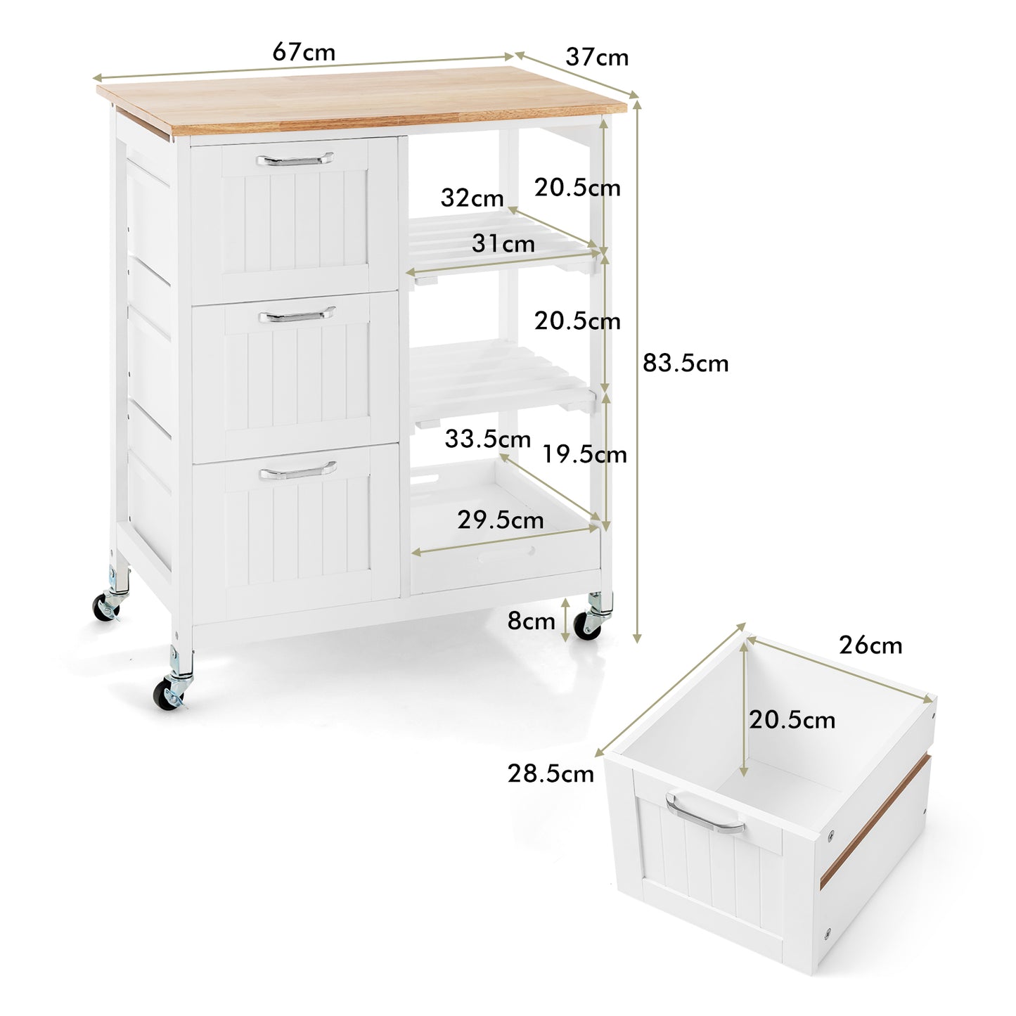 Kitchen Island with Rubber Wood Countertop & Lockable Casters