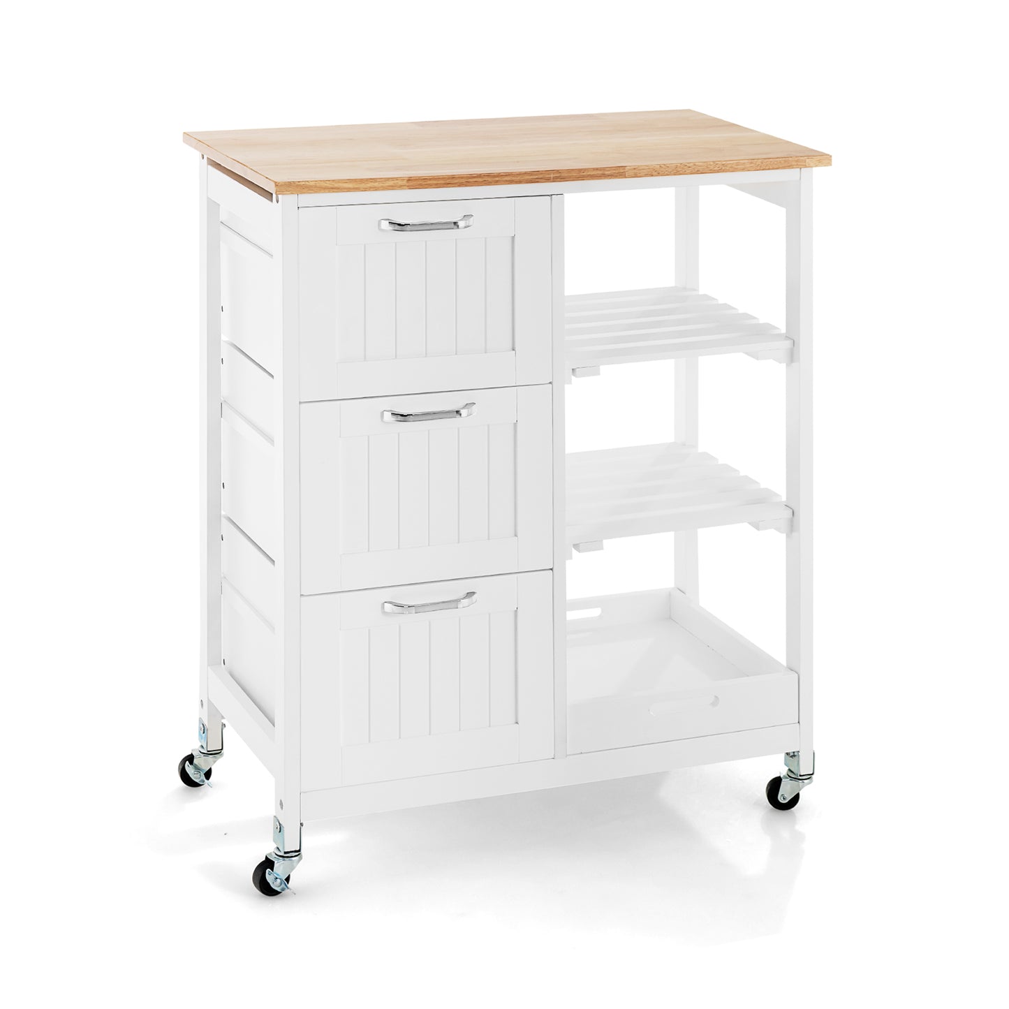 Kitchen Island with Rubber Wood Countertop & Lockable Casters