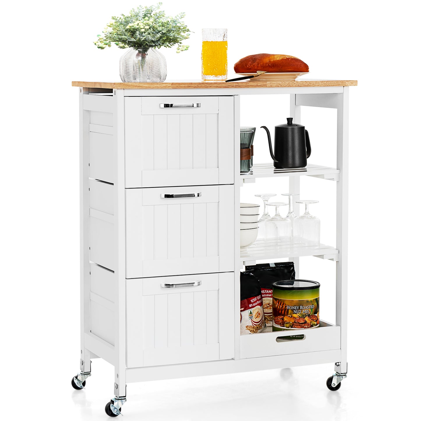 Kitchen Island with Rubber Wood Countertop & Lockable Casters