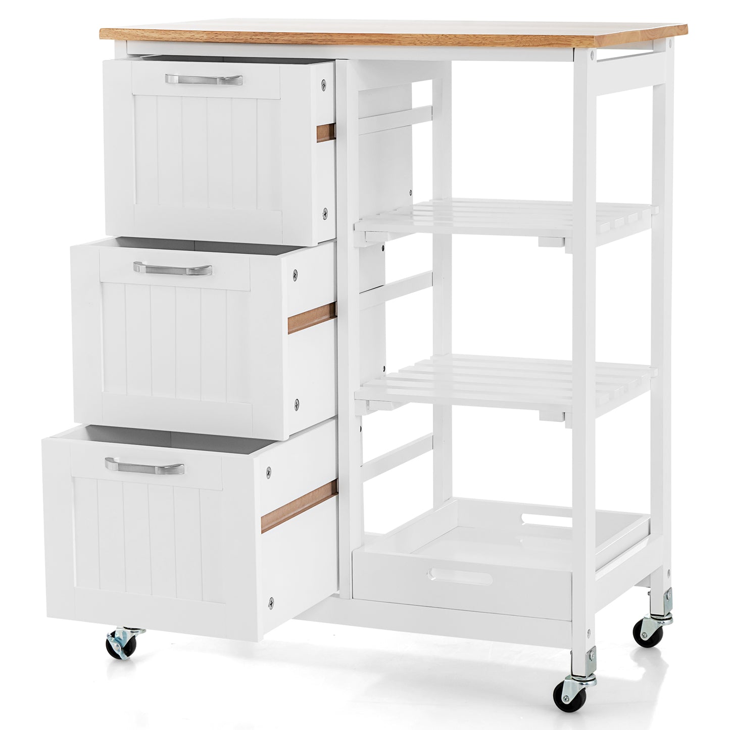 Kitchen Island with Rubber Wood Countertop & Lockable Casters