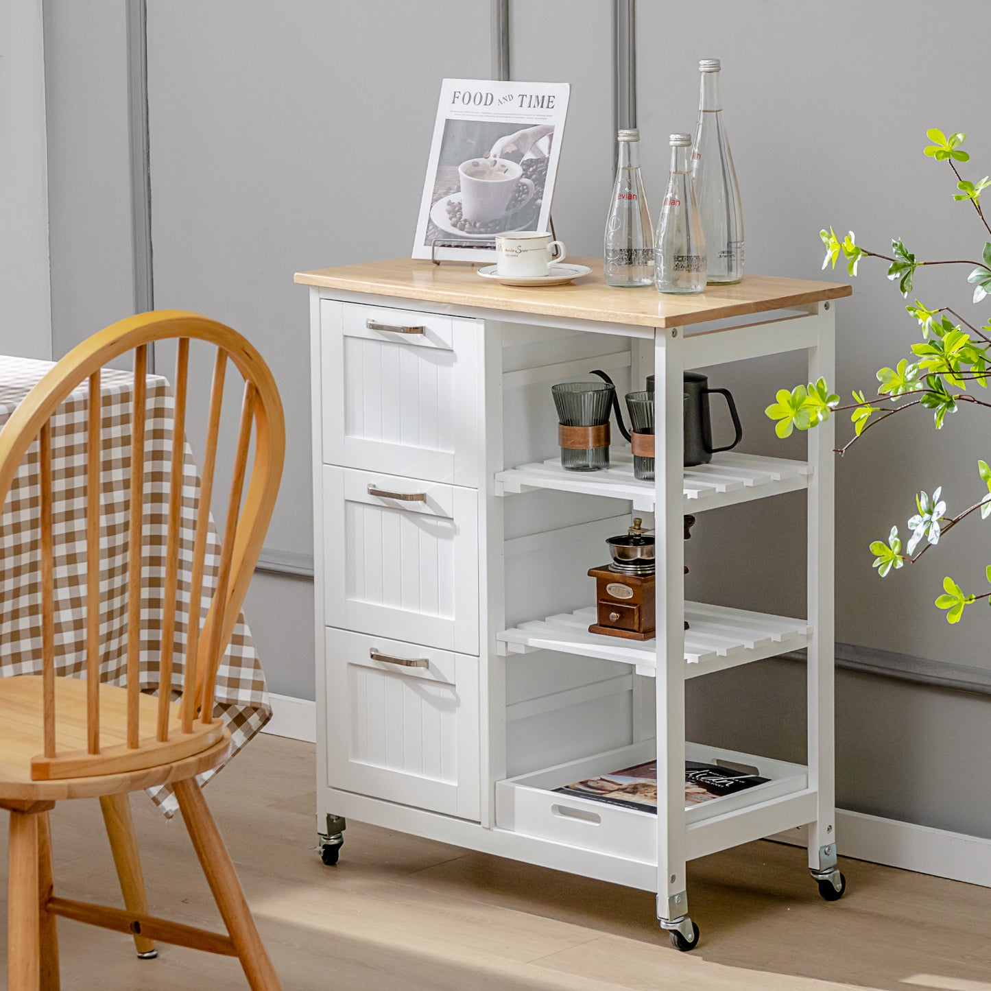 Kitchen Island with Rubber Wood Countertop & Lockable Casters