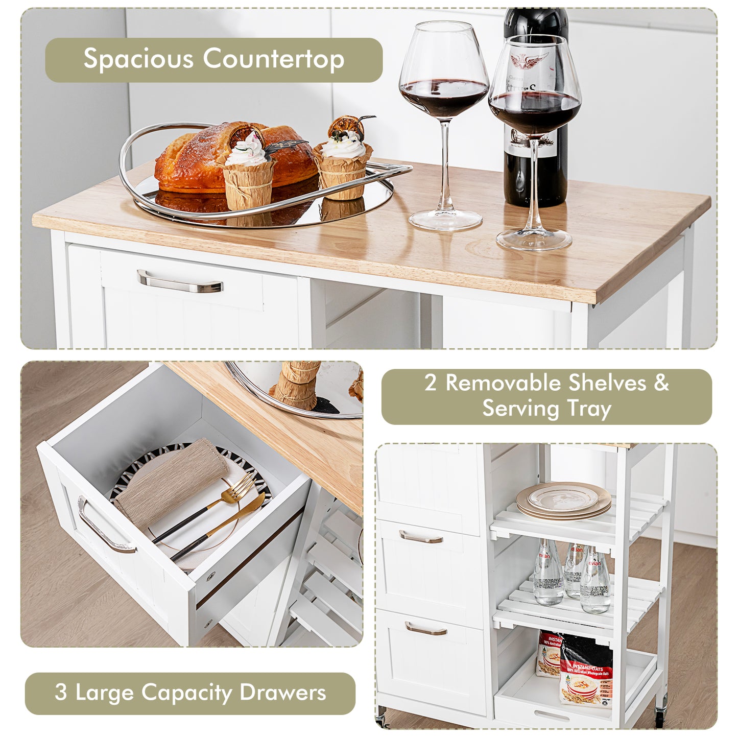 Kitchen Island with Rubber Wood Countertop & Lockable Casters