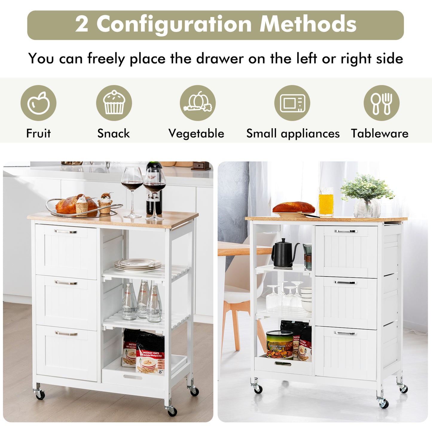 Kitchen Island with Rubber Wood Countertop & Lockable Casters