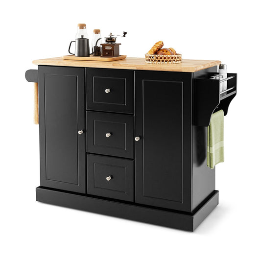 Large Mobile Kitchen Island Cart with 3 Drawers & 2 Enclosed Cabinets