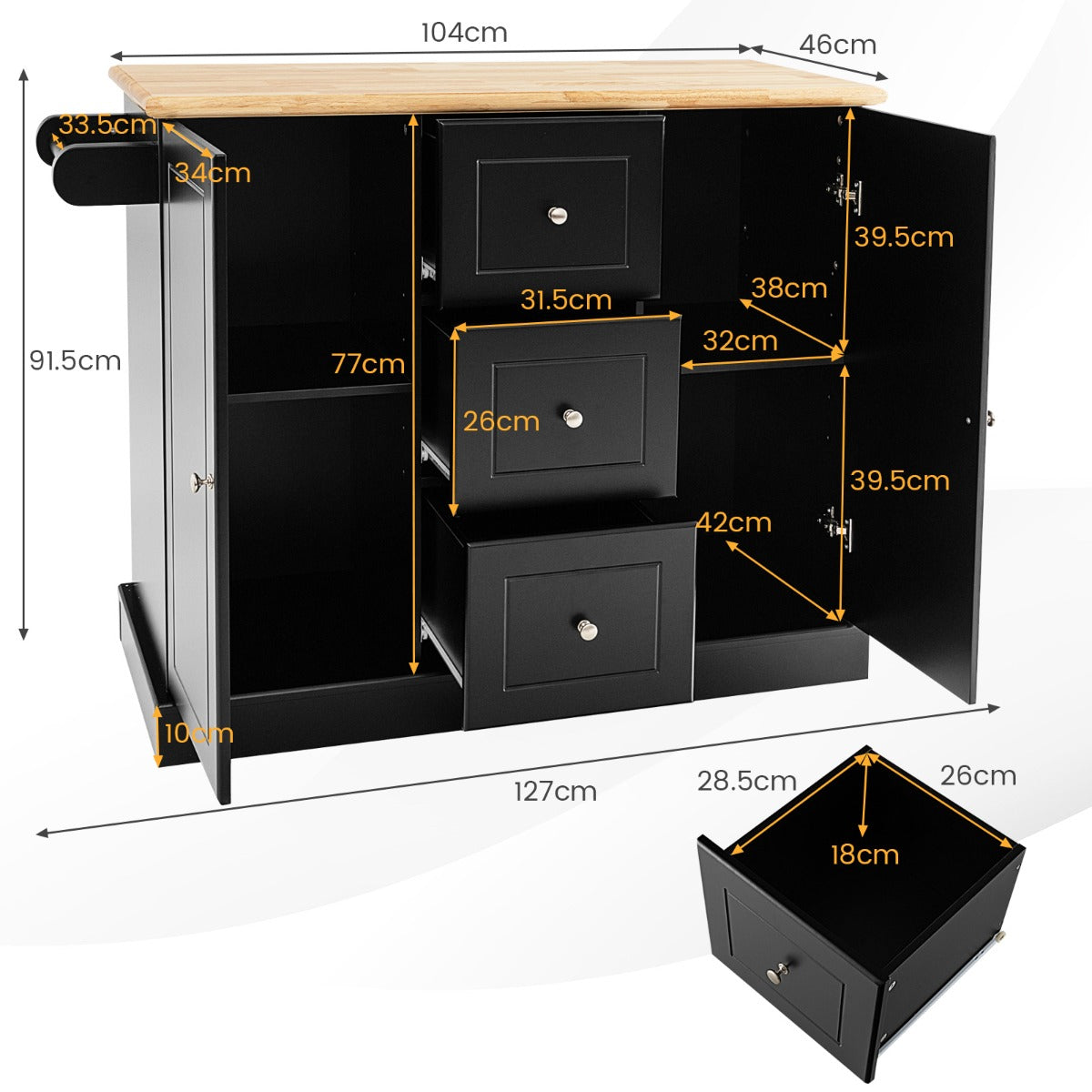 Large Mobile Kitchen Island Cart with 3 Drawers & 2 Enclosed Cabinets