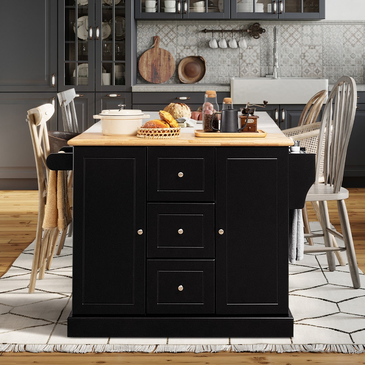 Large Mobile Kitchen Island Cart with 3 Drawers & 2 Enclosed Cabinets