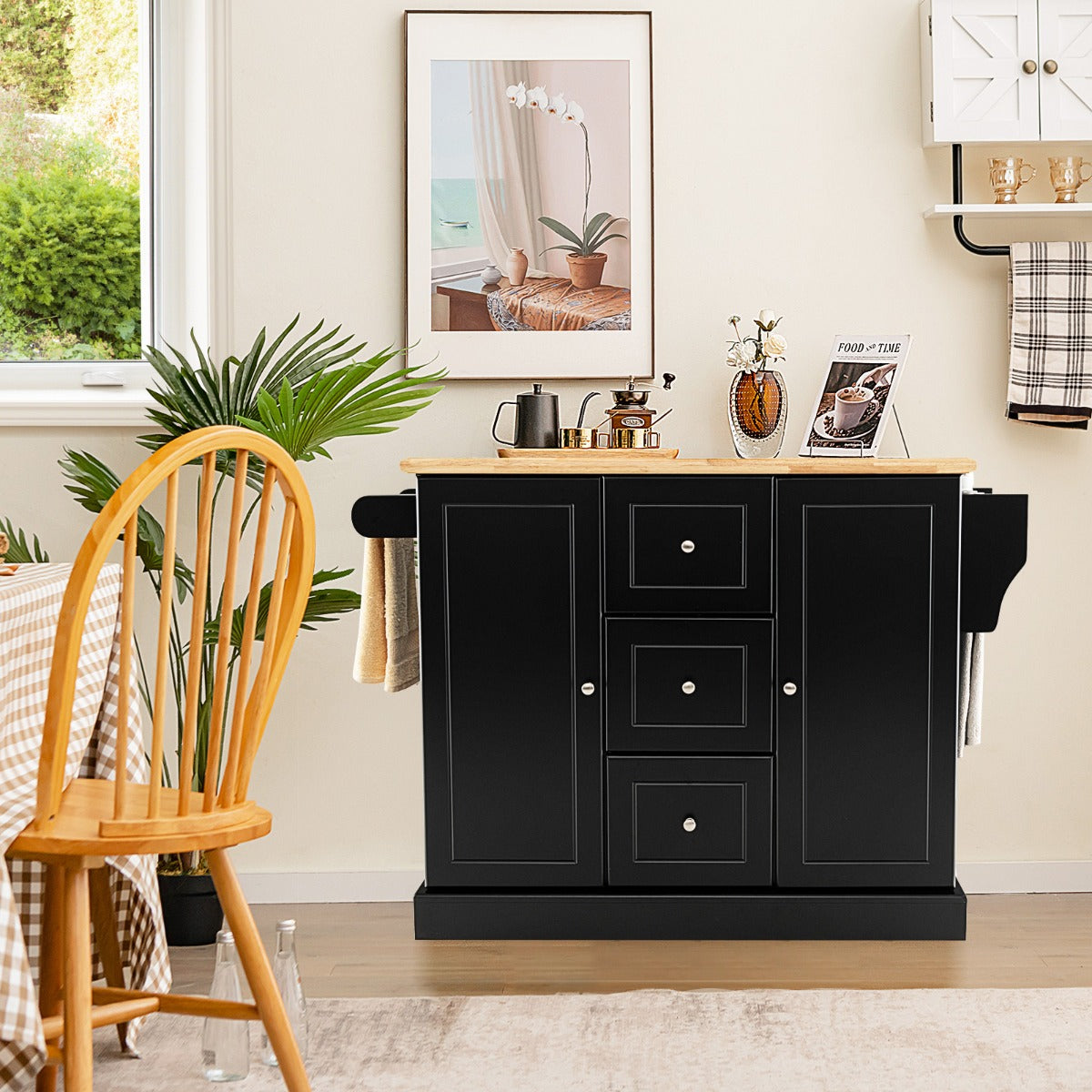 Large Mobile Kitchen Island Cart with 3 Drawers & 2 Enclosed Cabinets