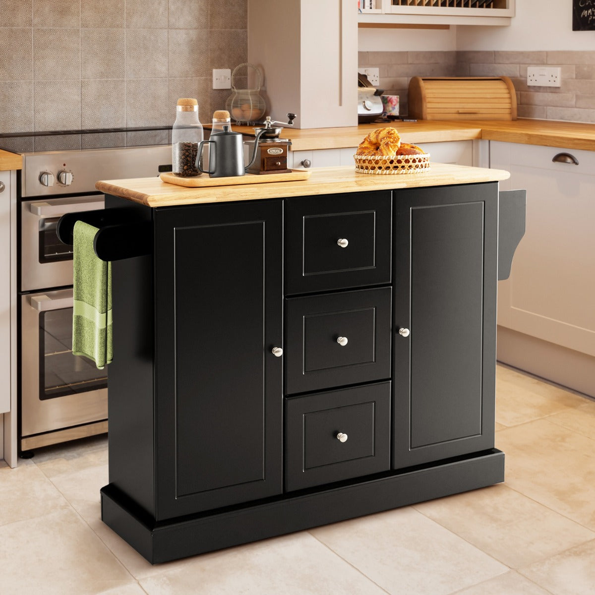 Large Mobile Kitchen Island Cart with 3 Drawers & 2 Enclosed Cabinets