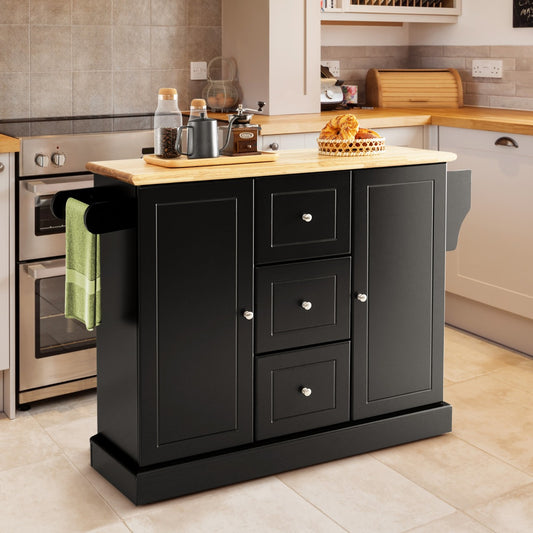 Large Mobile Kitchen Island Cart with 3 Drawers & 2 Enclosed Cabinets