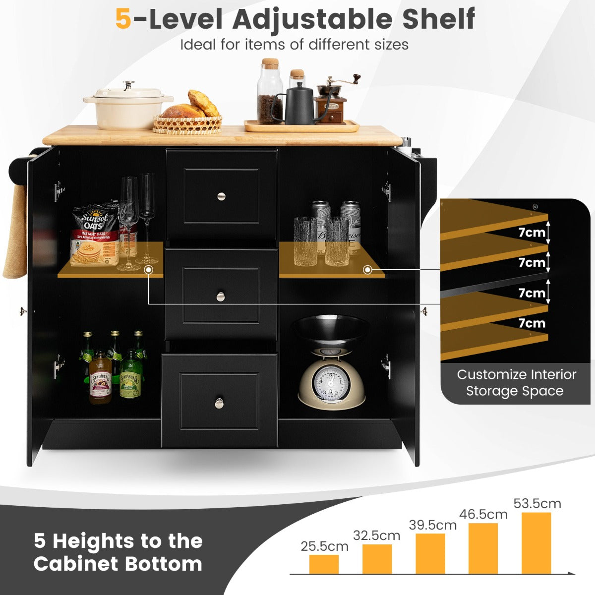 Large Mobile Kitchen Island Cart with 3 Drawers & 2 Enclosed Cabinets