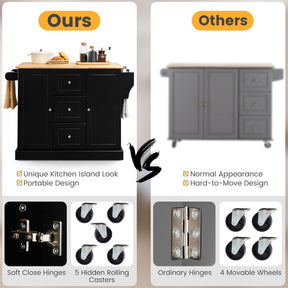 Large Mobile Kitchen Island Cart with 3 Drawers & 2 Enclosed Cabinets