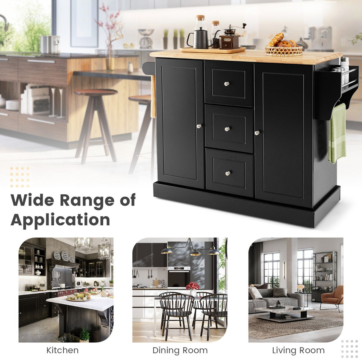 Large Mobile Kitchen Island Cart with 3 Drawers & 2 Enclosed Cabinets
