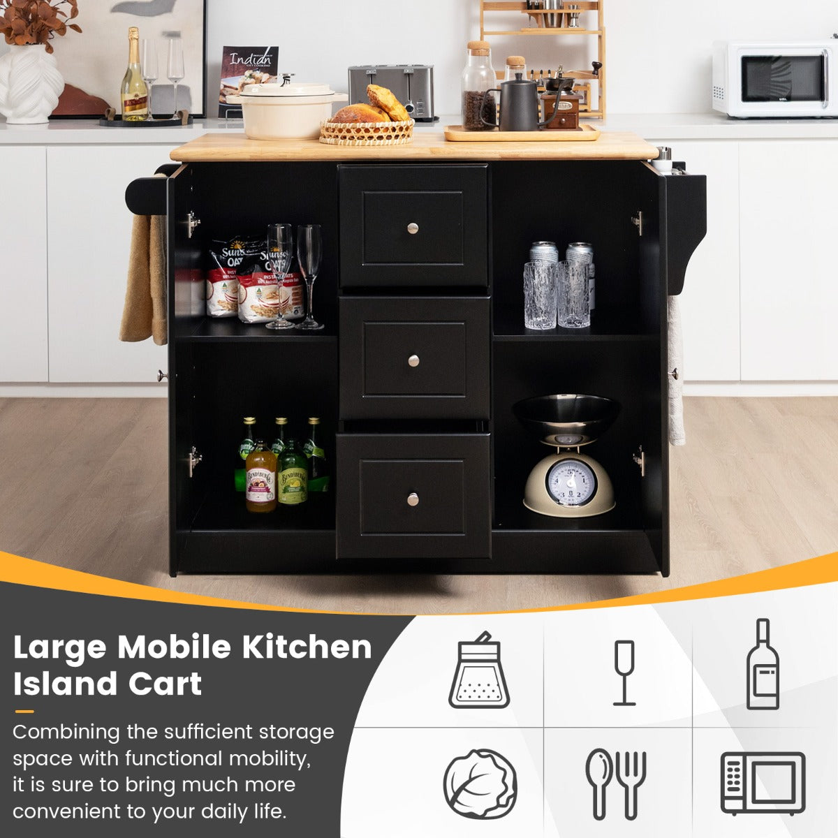 Large Mobile Kitchen Island Cart with 3 Drawers & 2 Enclosed Cabinets