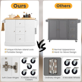 Large Mobile Kitchen Island Cart with 3 Drawers & 2 Enclosed Cabinets