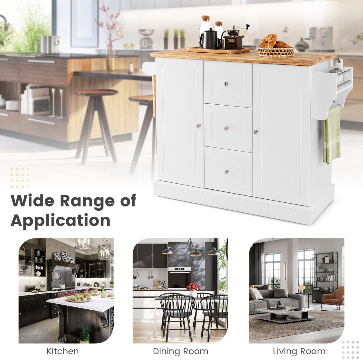 Large Mobile Kitchen Island Cart with 3 Drawers & 2 Enclosed Cabinets