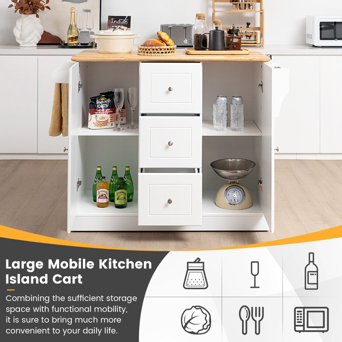 Large Mobile Kitchen Island Cart with 3 Drawers & 2 Enclosed Cabinets
