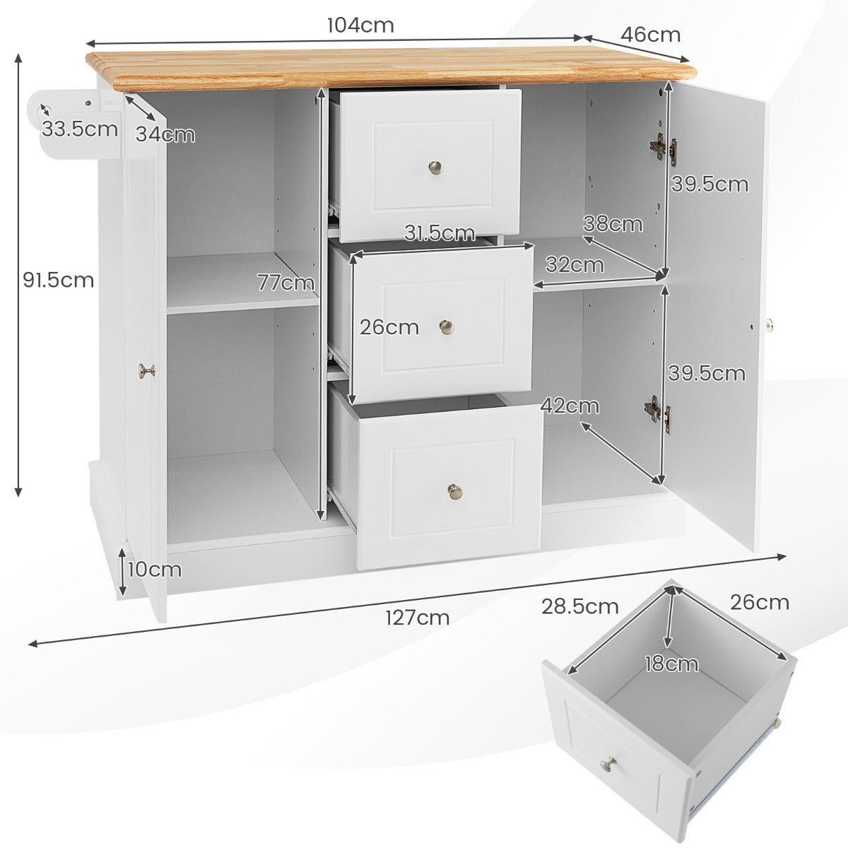 Large Mobile Kitchen Island Cart with 3 Drawers & 2 Enclosed Cabinets