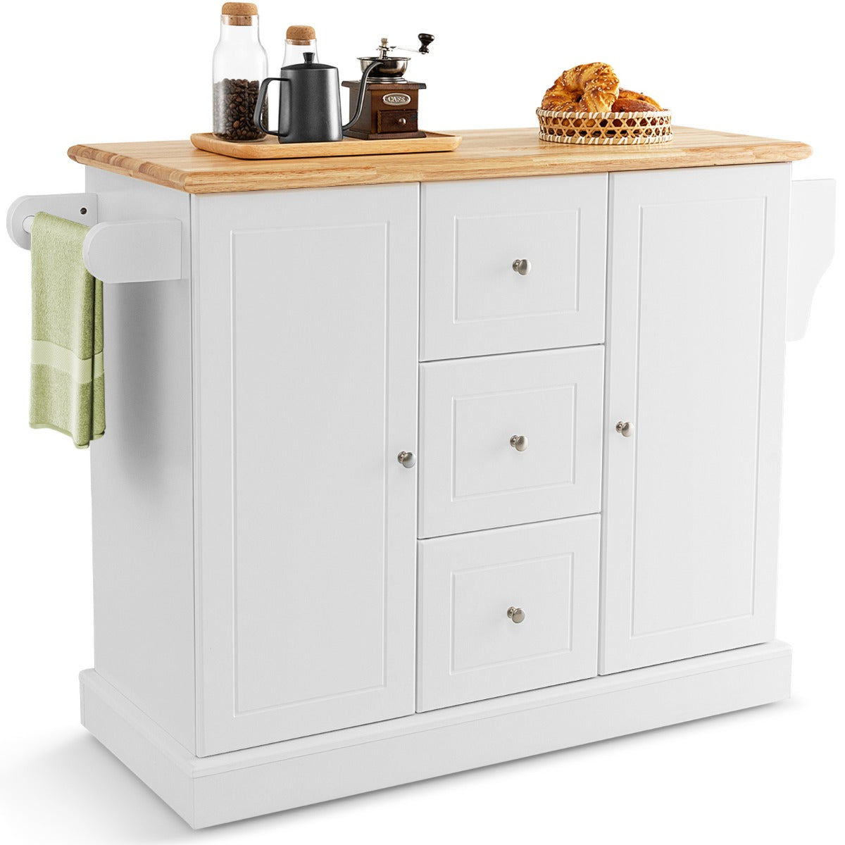Large Mobile Kitchen Island Cart with 3 Drawers & 2 Enclosed Cabinets