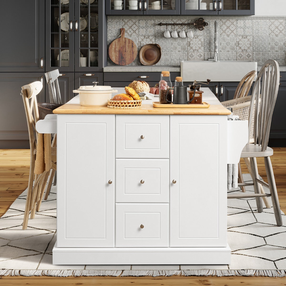 Large Mobile Kitchen Island Cart with 3 Drawers & 2 Enclosed Cabinets