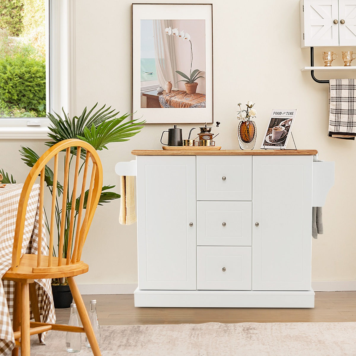 Large Mobile Kitchen Island Cart with 3 Drawers & 2 Enclosed Cabinets