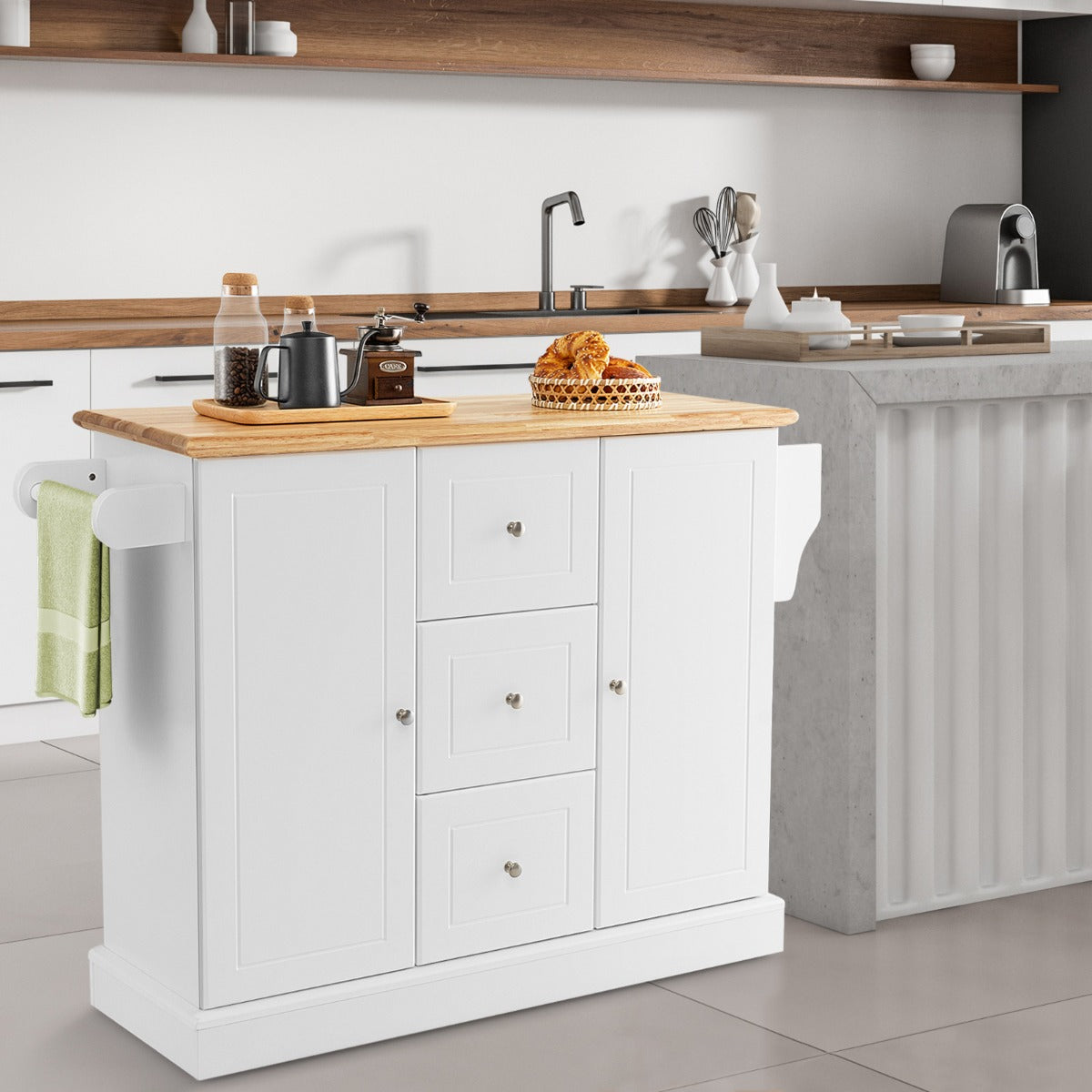 Large Mobile Kitchen Island Cart with 3 Drawers & 2 Enclosed Cabinets