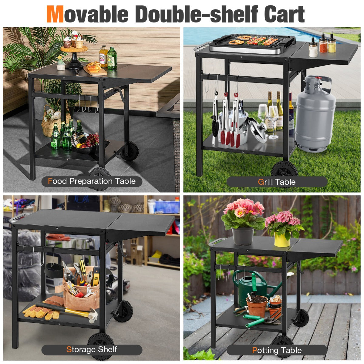 Movable Double-Shelf Dining Cart Table with Folding Tabletop