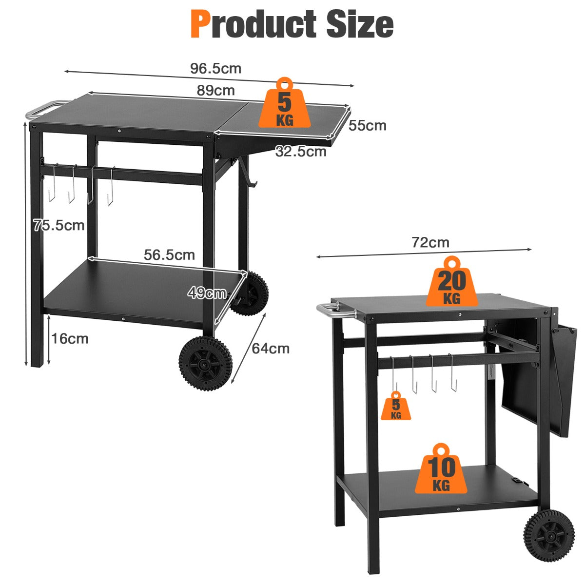 Movable Double-Shelf Dining Cart Table with Folding Tabletop