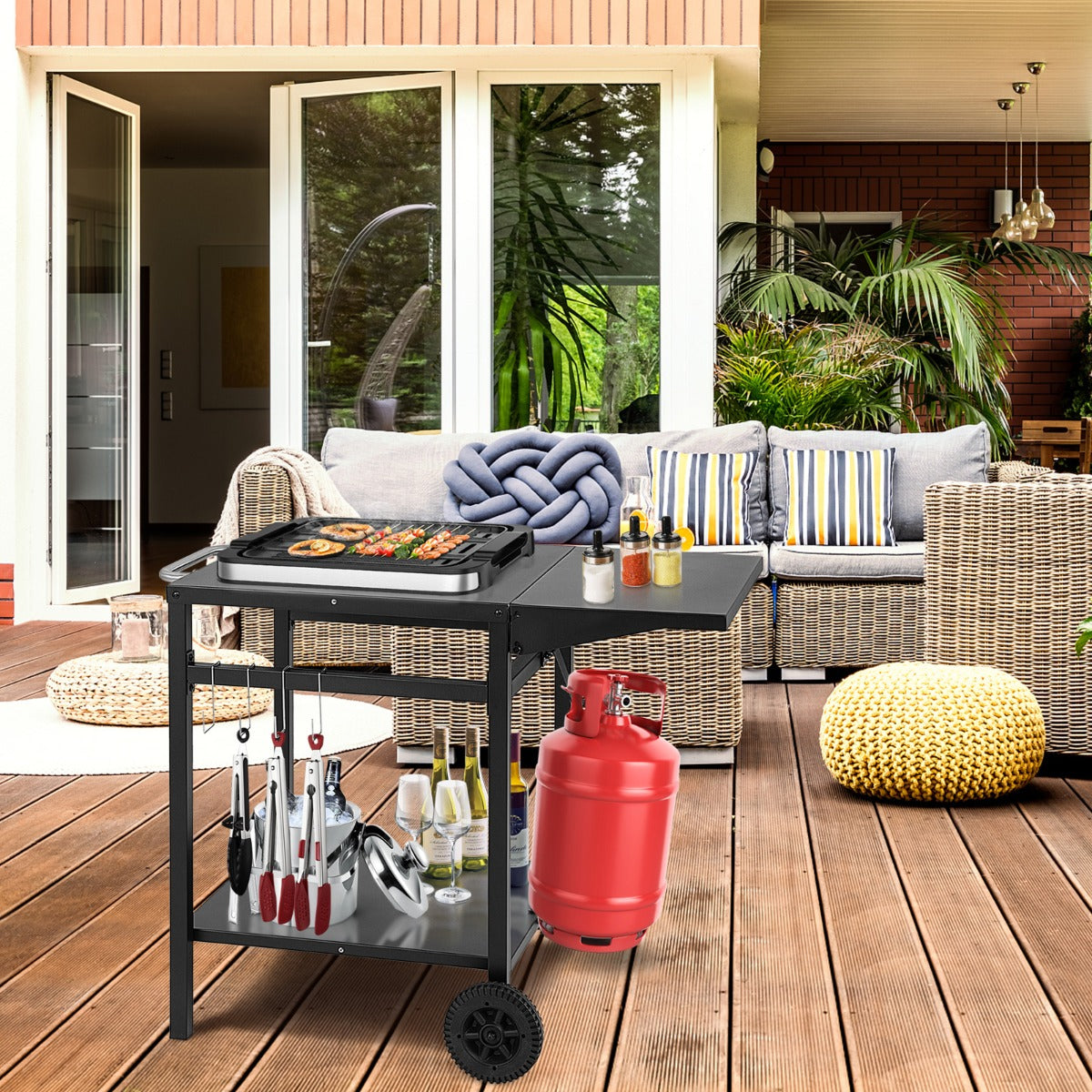 Movable Double-Shelf Dining Cart Table with Folding Tabletop