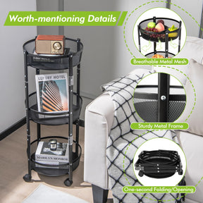 3-Tier Folding Kitchen Trolley Cart with Baskets