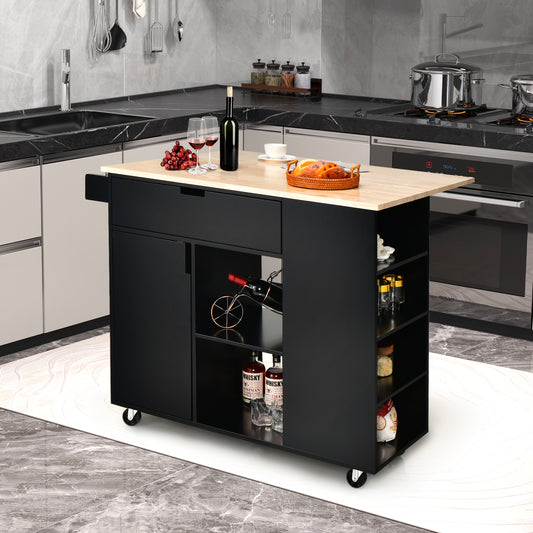 Drop-Leaf Rolling Kitchen Island with Rubber Wood Top