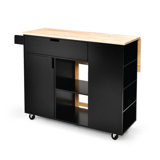 Drop-Leaf Rolling Kitchen Island with Rubber Wood Top