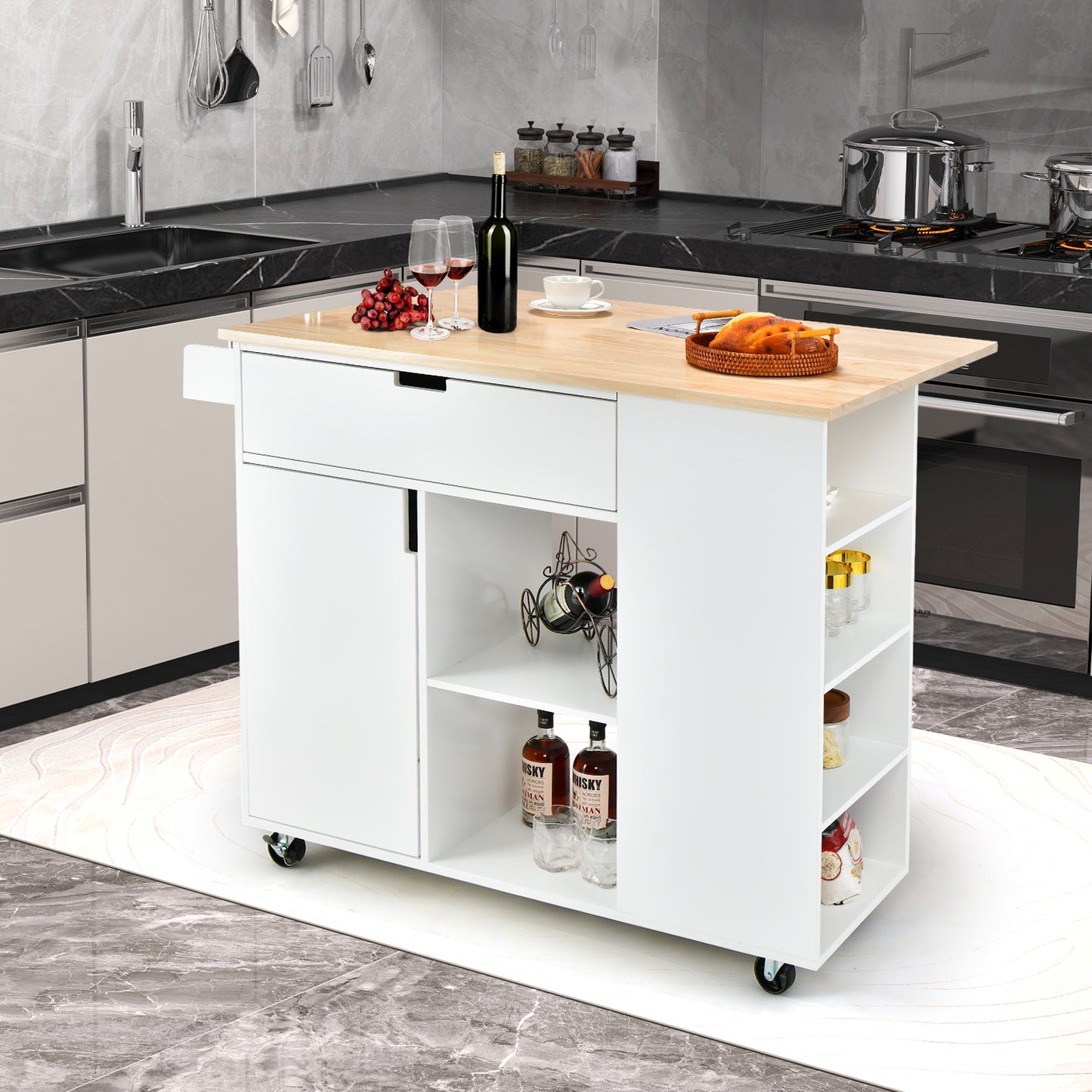 Drop-Leaf Rolling Kitchen Island with Rubber Wood Top