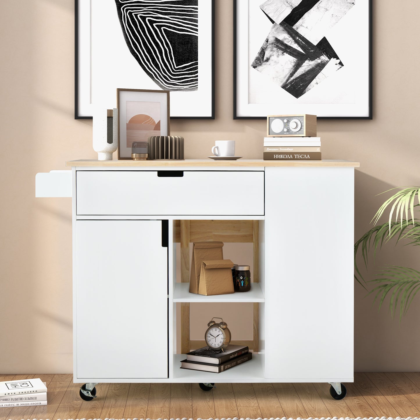 Drop-Leaf Rolling Kitchen Island with Rubber Wood Top
