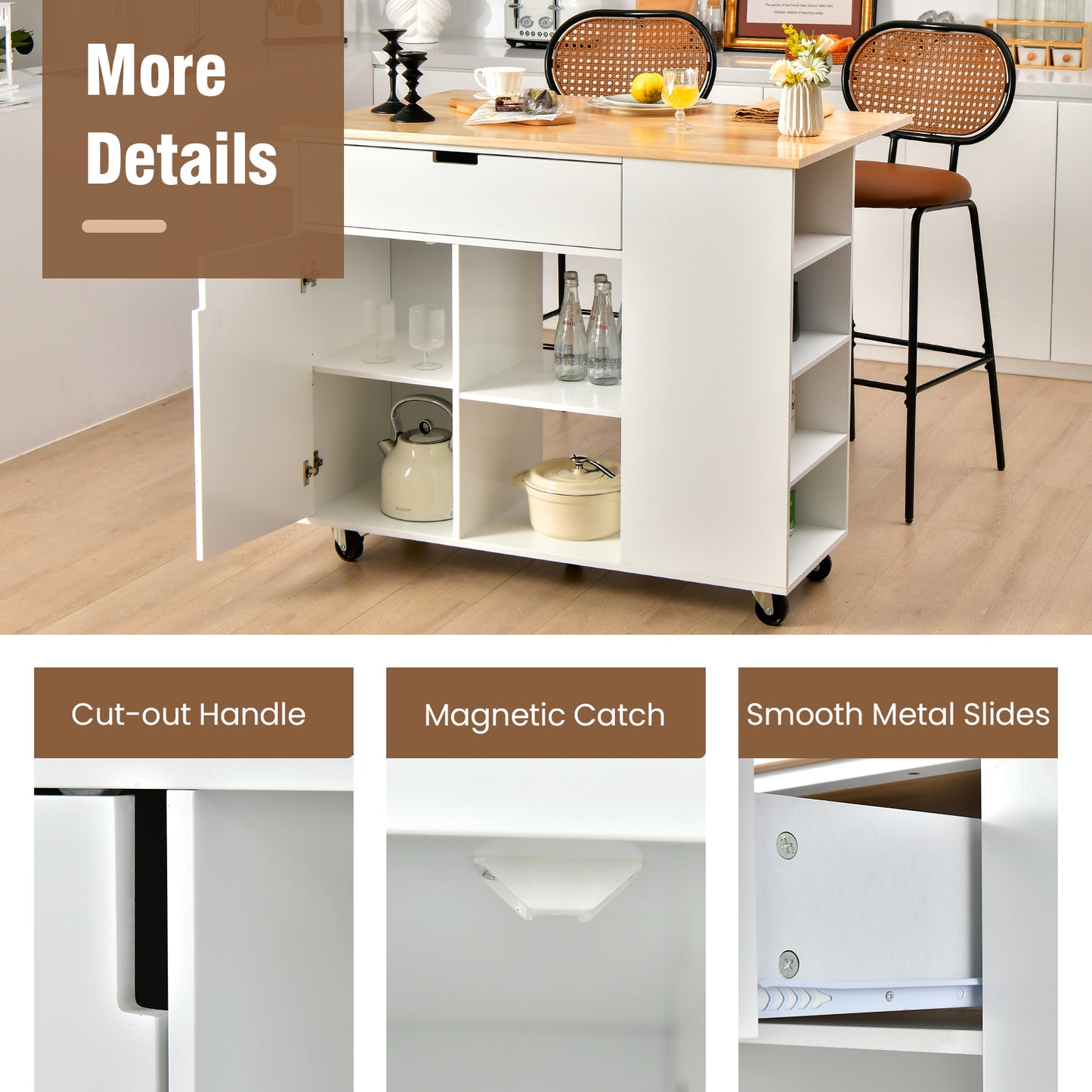 Drop-Leaf Rolling Kitchen Island with Rubber Wood Top