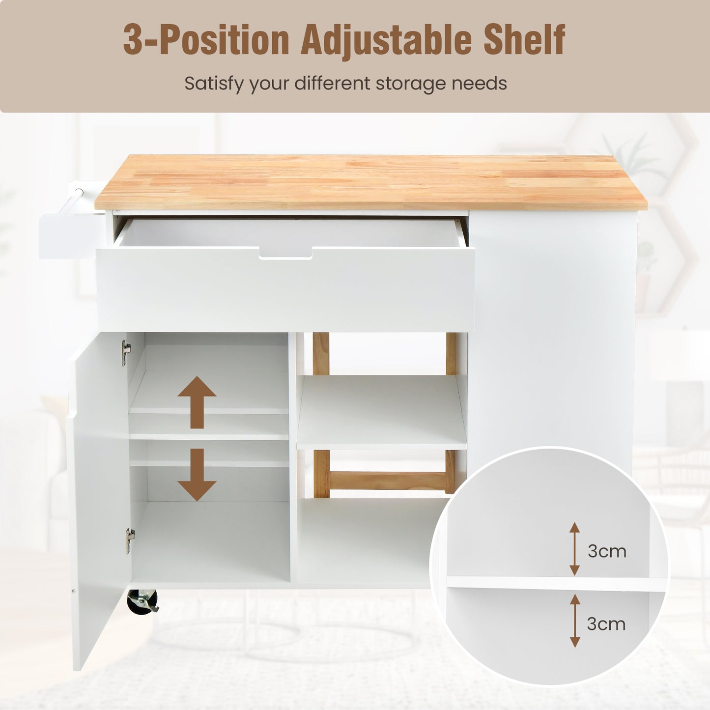 Drop-Leaf Rolling Kitchen Island with Rubber Wood Top