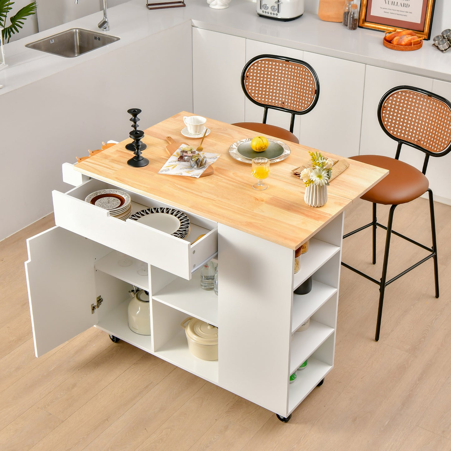 Drop-Leaf Rolling Kitchen Island with Rubber Wood Top