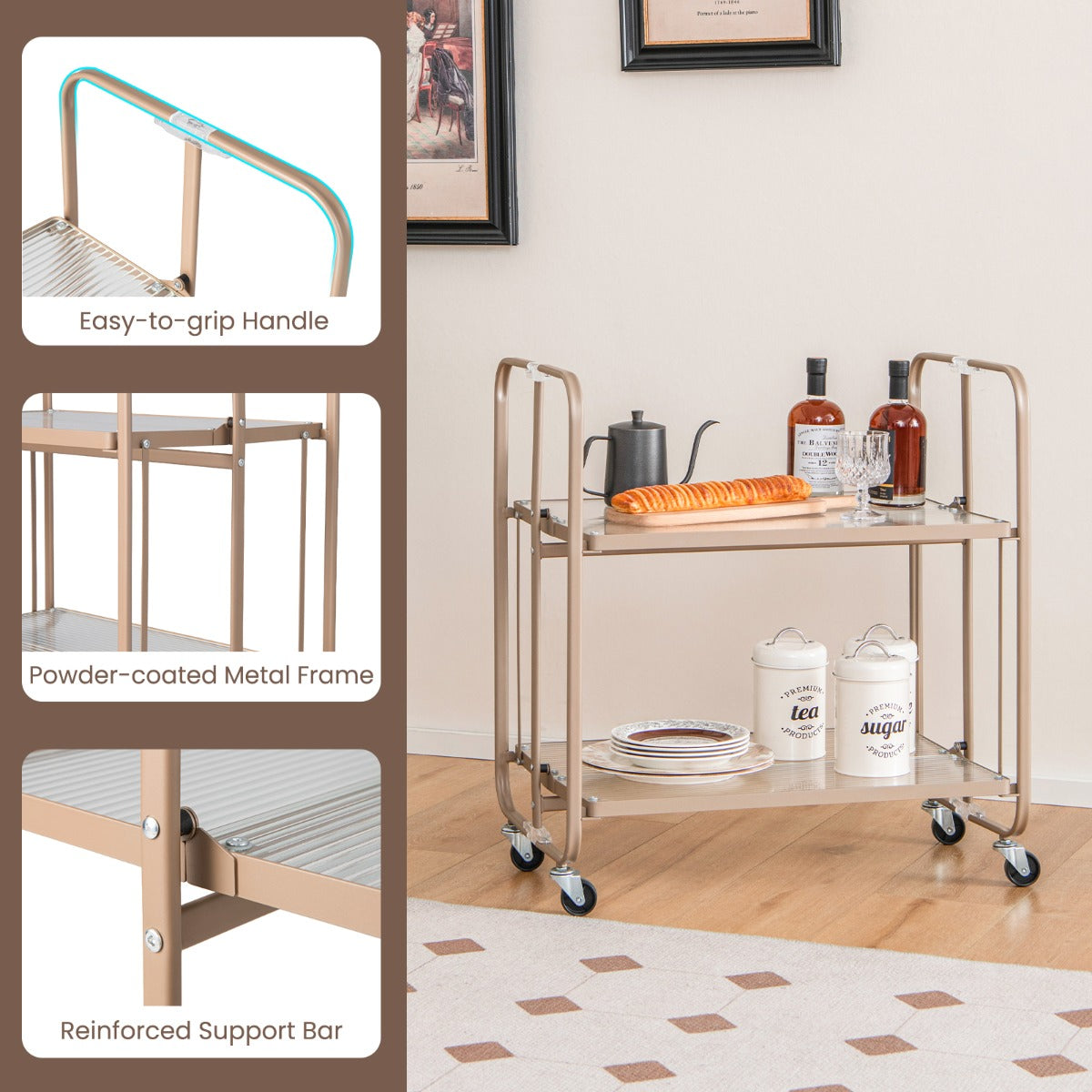 2-Tier Mobile Serving Cart with Tempered Glass Shelf