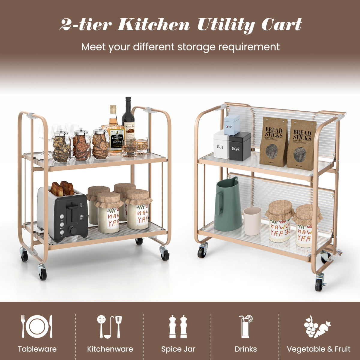 2-Tier Mobile Serving Cart with Tempered Glass Shelf