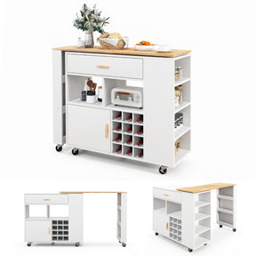 2-in-1 Reversible Mobile Kitchen Island with Rubber Wood Top and Adjustable Shelf for Dinning Room