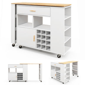 2-in-1 Reversible Mobile Kitchen Island with Rubber Wood Top and Adjustable Shelf for Dinning Room