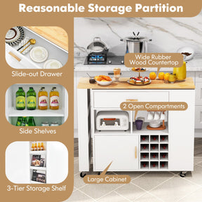2-in-1 Reversible Mobile Kitchen Island with Rubber Wood Top and Adjustable Shelf for Dinning Room