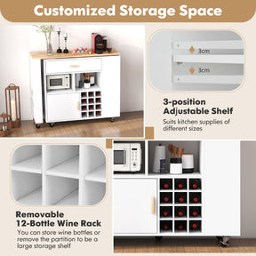 2-in-1 Reversible Mobile Kitchen Island with Rubber Wood Top and Adjustable Shelf for Dinning Room