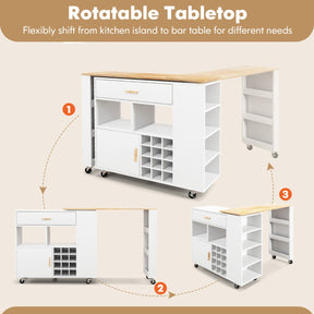 2-in-1 Reversible Mobile Kitchen Island with Rubber Wood Top and Adjustable Shelf for Dinning Room