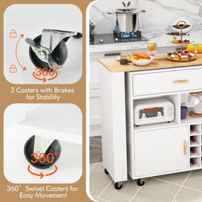 2-in-1 Reversible Mobile Kitchen Island with Rubber Wood Top and Adjustable Shelf for Dinning Room