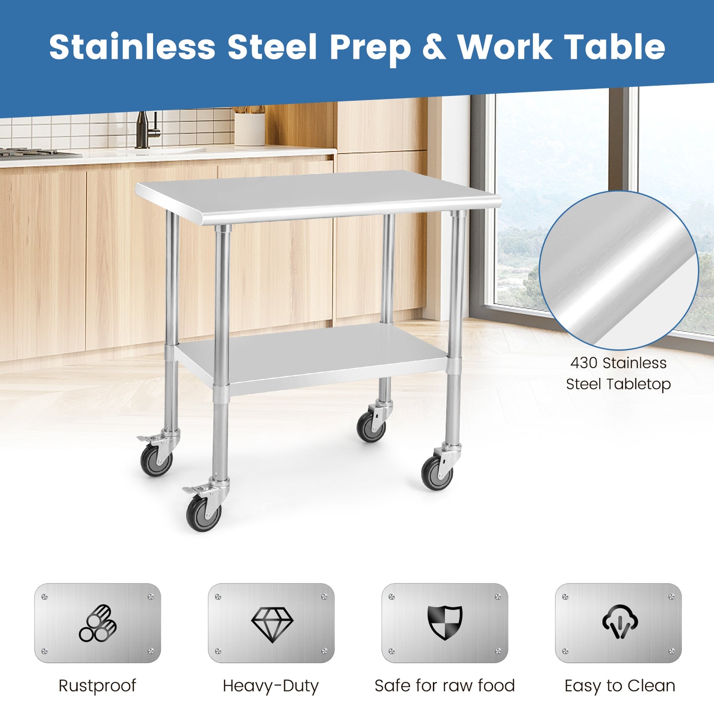 Stainless Steel Table Cart with 4 Universal Wheels for Kitchen