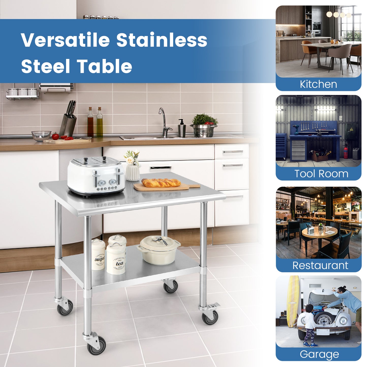 Stainless Steel Table Cart with 4 Universal Wheels for Kitchen