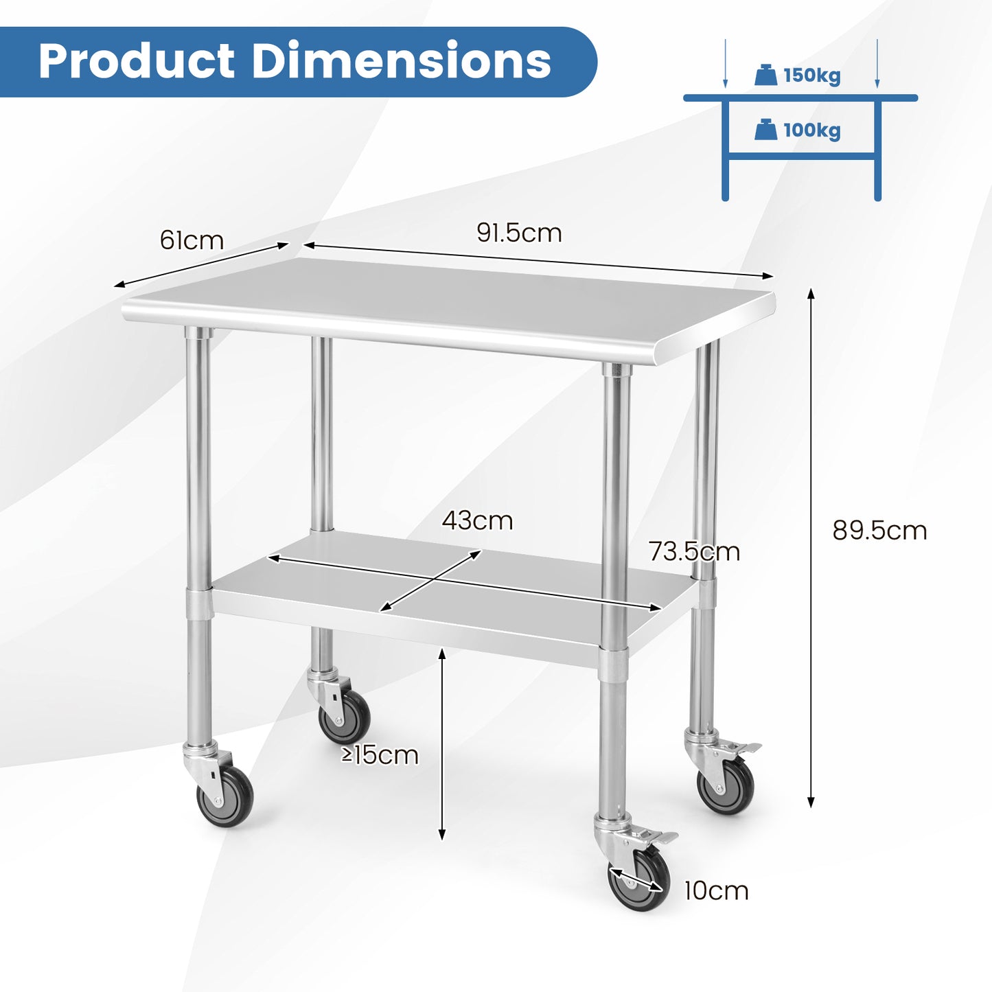 Stainless Steel Table Cart with 4 Universal Wheels for Kitchen