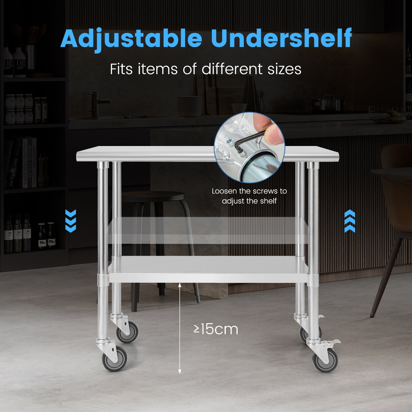 Stainless Steel Table Cart with 4 Universal Wheels for Kitchen